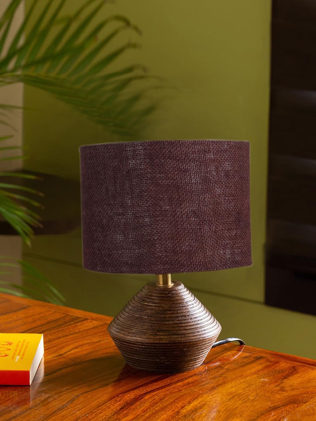 Brown Jute Table lamp with Wood Natural Base (7x12 inches)