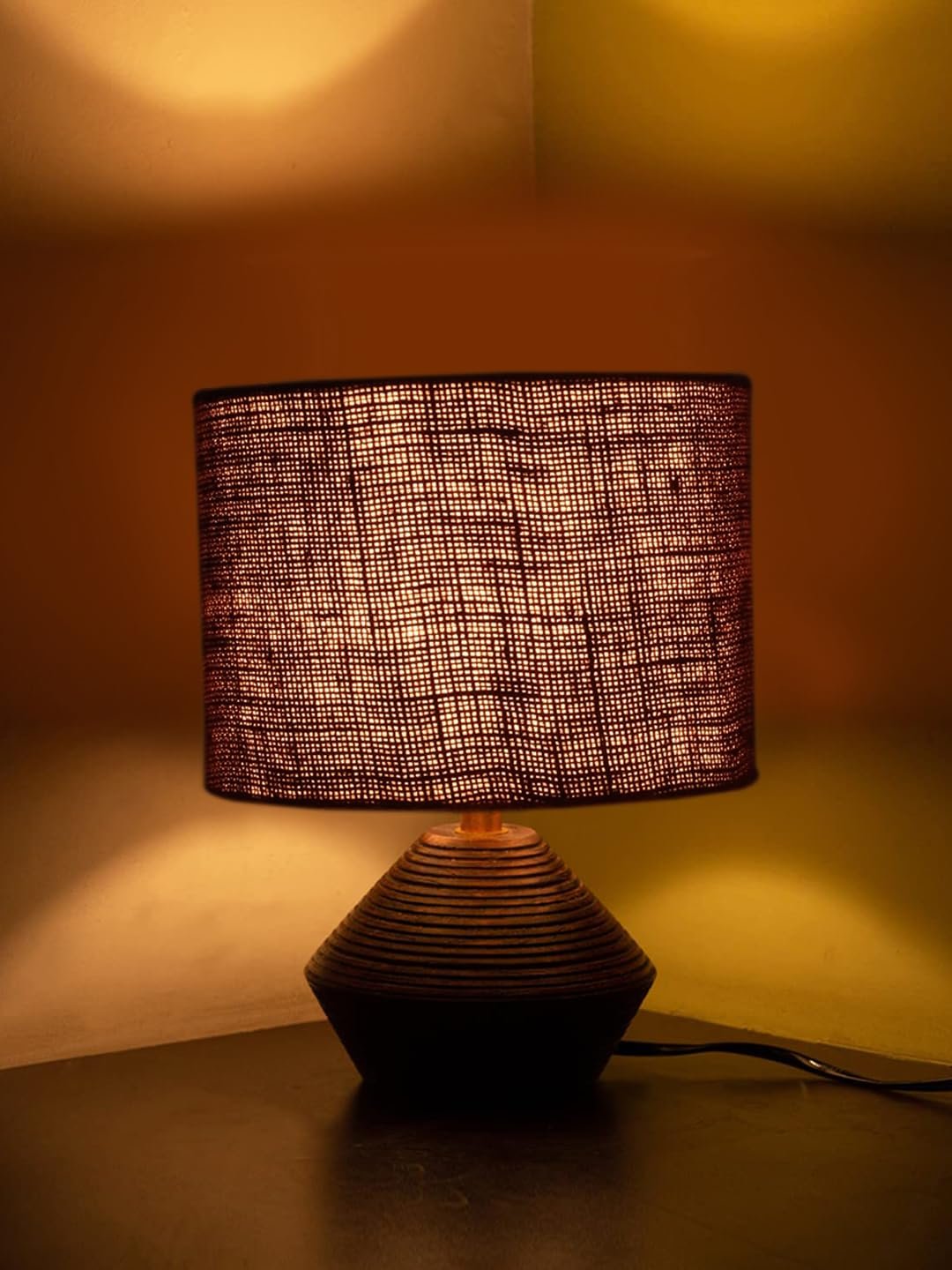 Brown Jute Table lamp with Wood Natural Base (7x12 inches)
