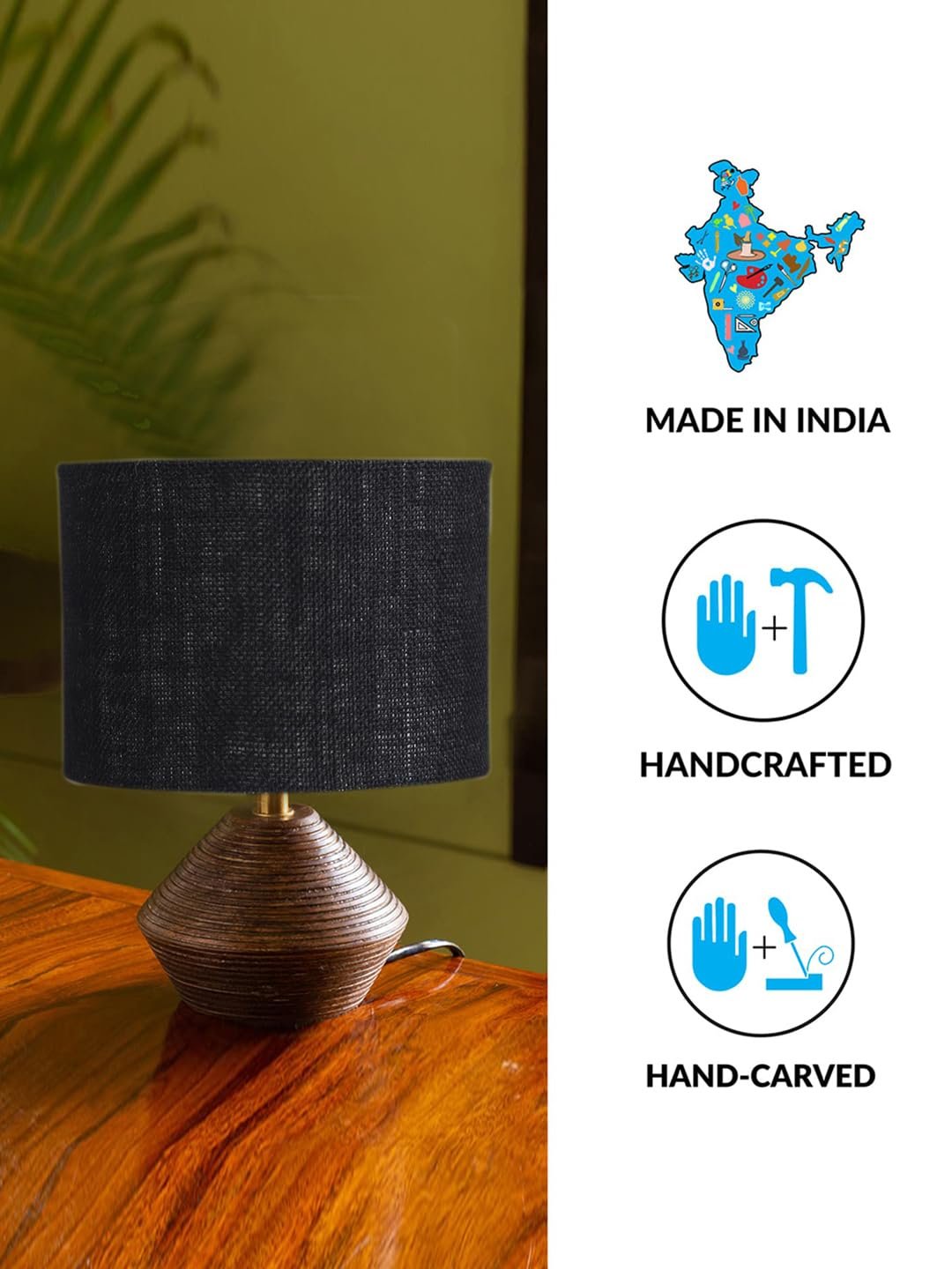 Black Jute Table lamp with Wood Natural Base (7x12 inches)