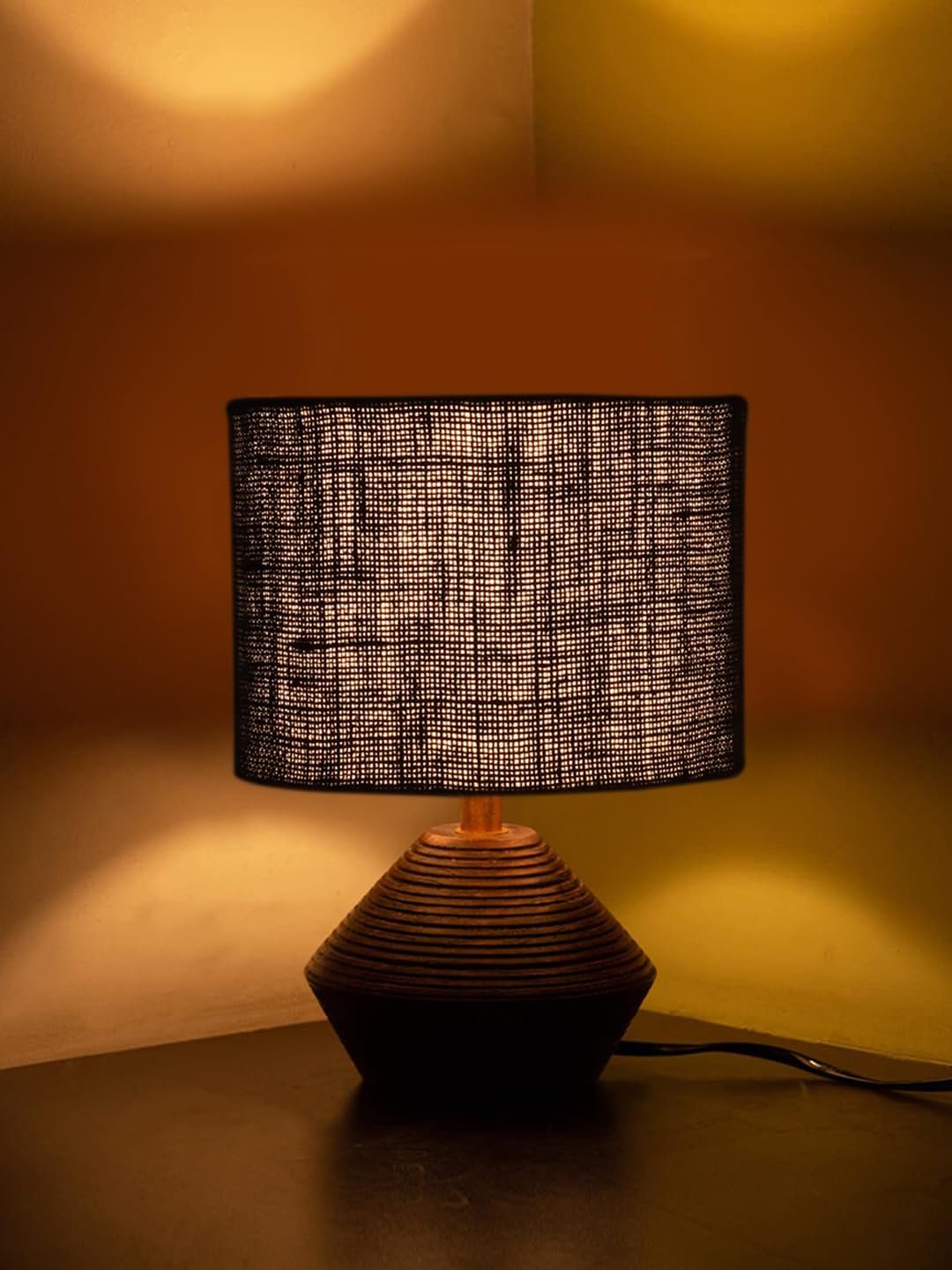 Black Jute Table lamp with Wood Natural Base (7x12 inches)