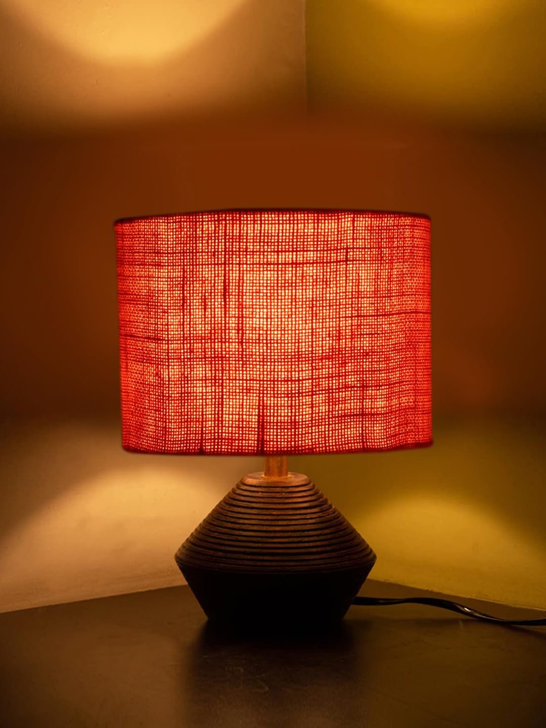 Orange Jute Table lamp with Wood Natural Base (7x12 inches)