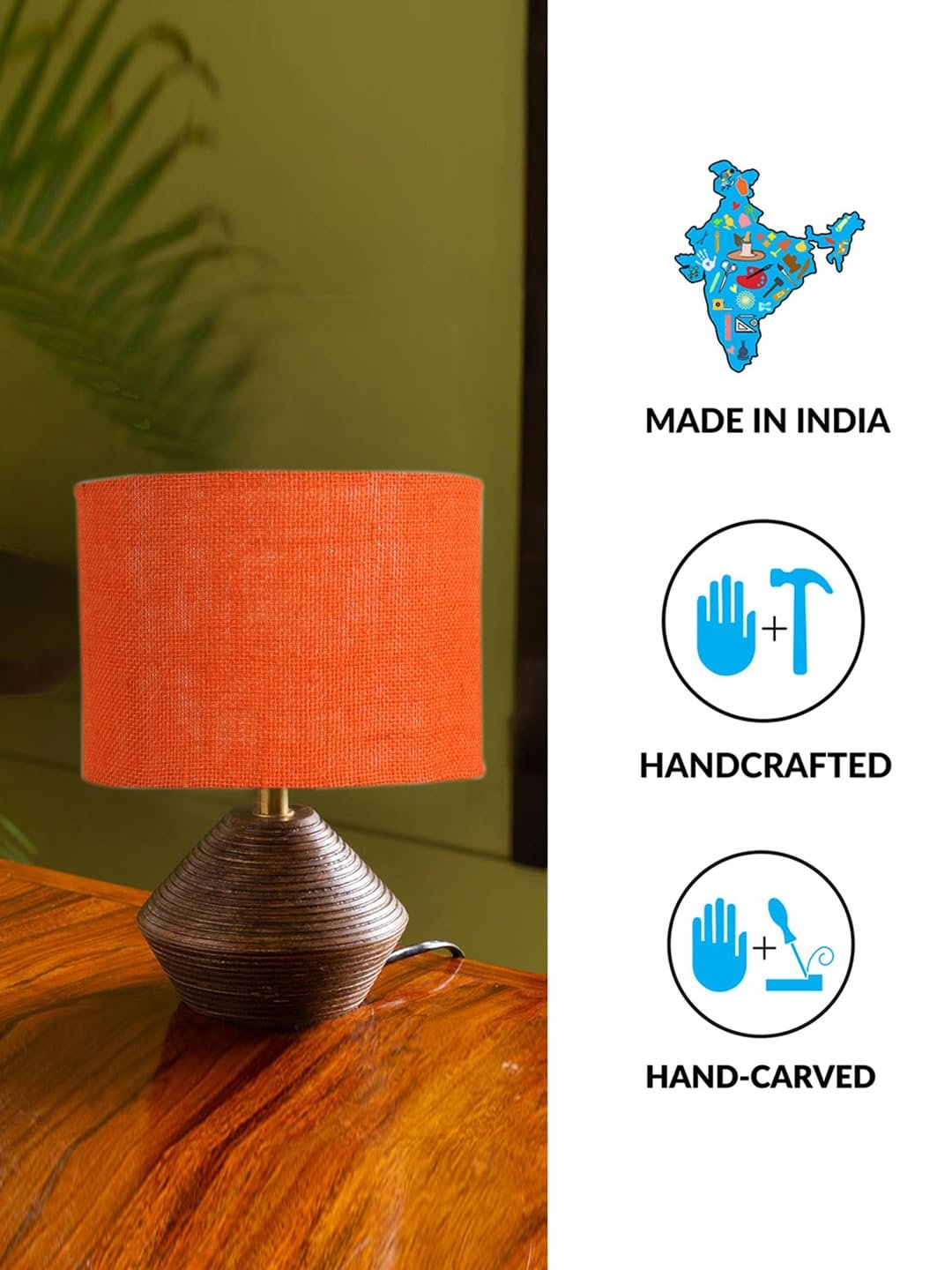 Orange Jute Table lamp with Wood Natural Base (7x12 inches)