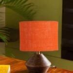 Orange Jute Table lamp with Wood Natural Base (7×12 inches)