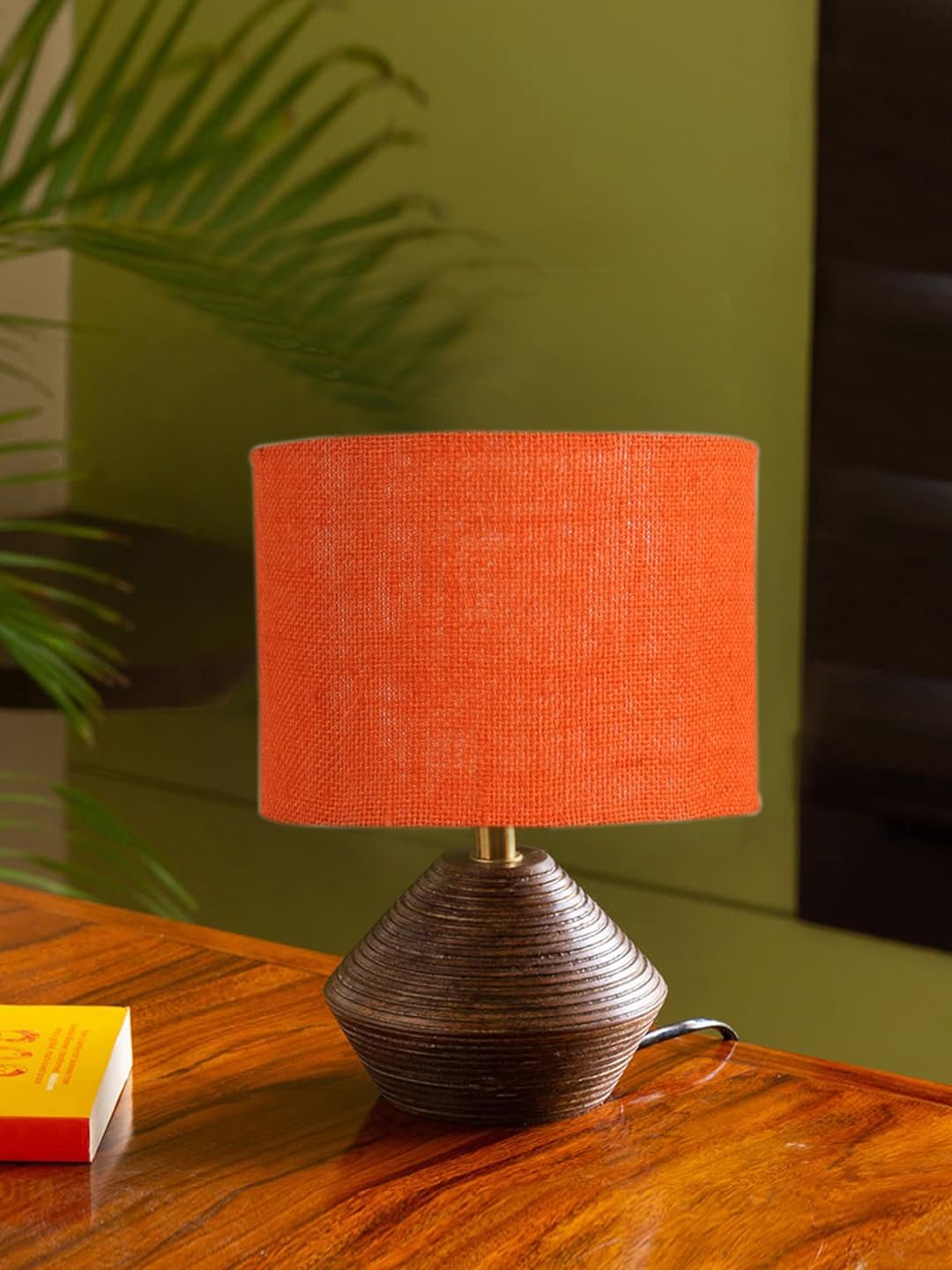 Orange Jute Table lamp with Wood Natural Base (7x12 inches)