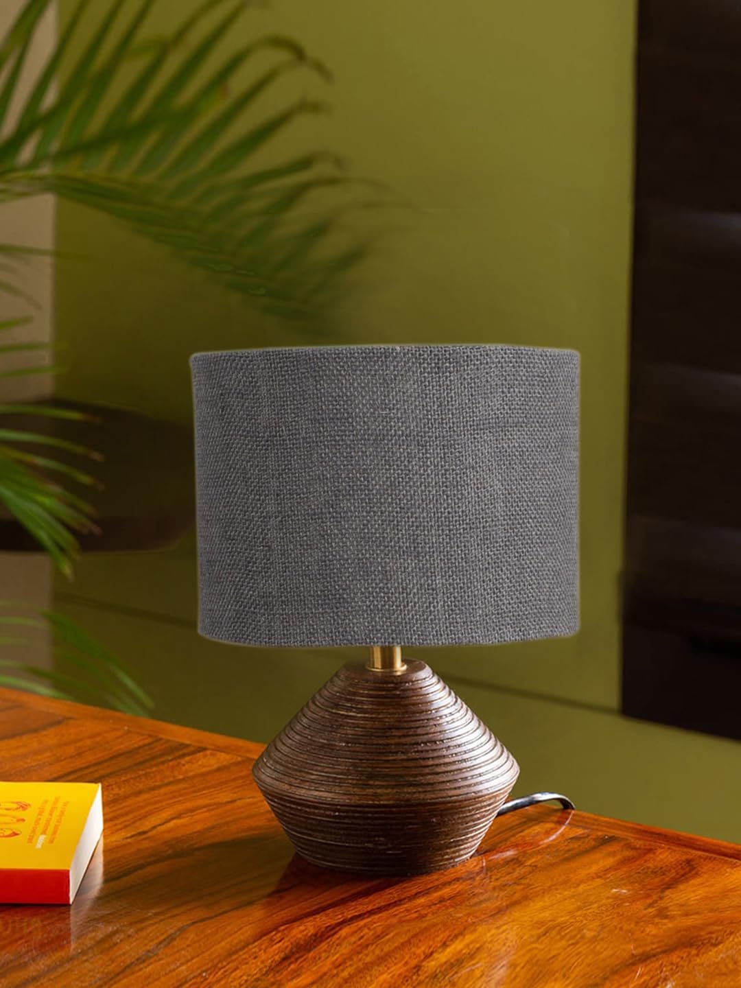 Grey Jute Table lamp with Wood Natural Base (7x12 inches)