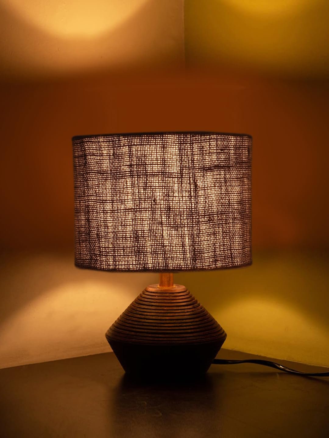 Grey Jute Table lamp with Wood Natural Base (7x12 inches)