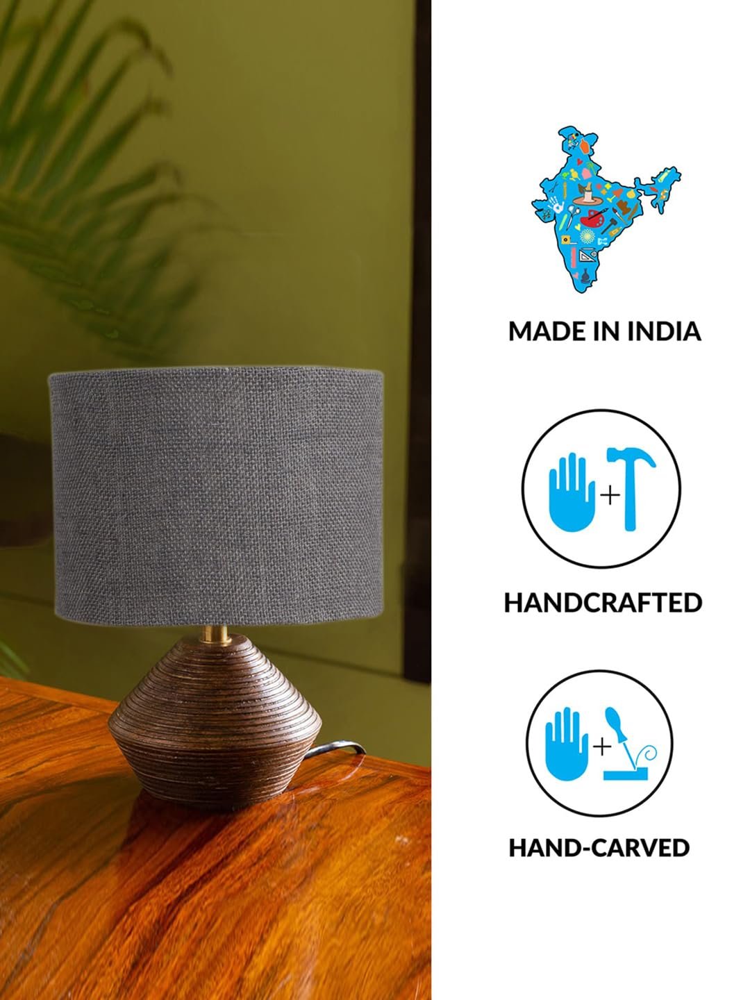Grey Jute Table lamp with Wood Natural Base (7x12 inches)