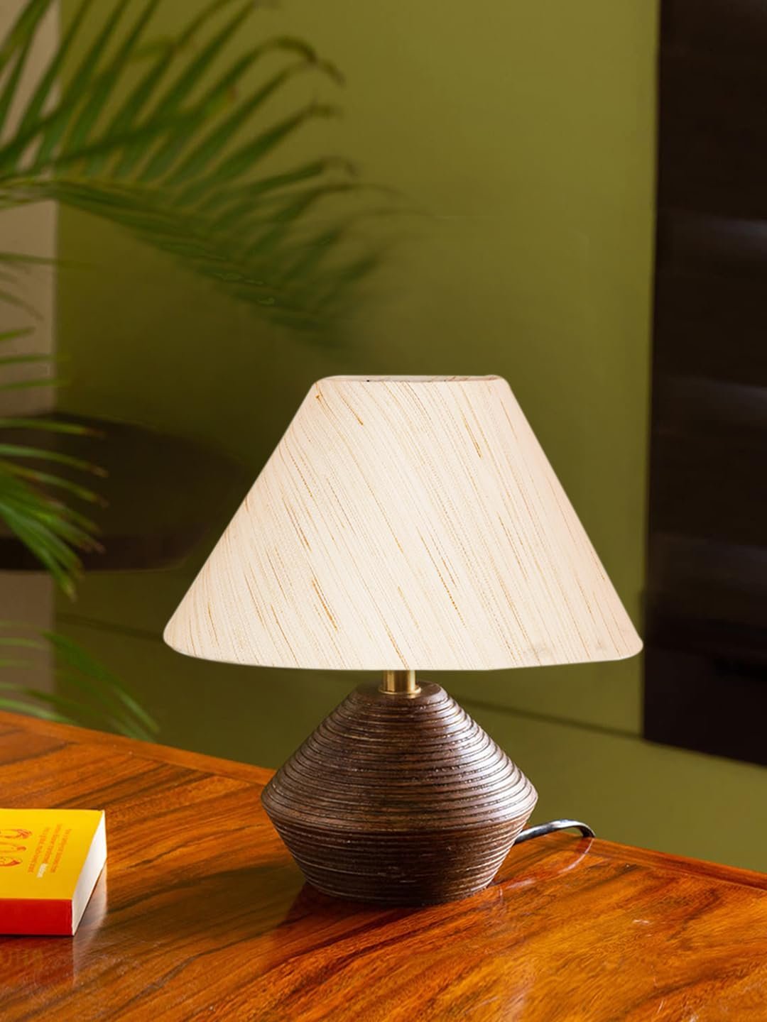 Off White Cotton Table lamp with Wood Natural Base (10x12 inches)
