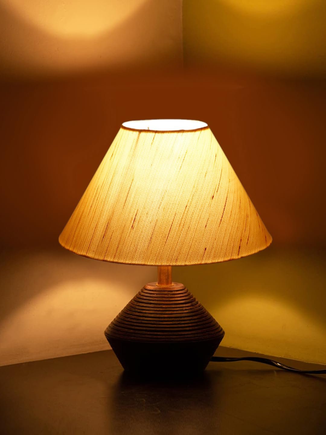 Off White Cotton Table lamp with Wood Natural Base (10x12 inches)