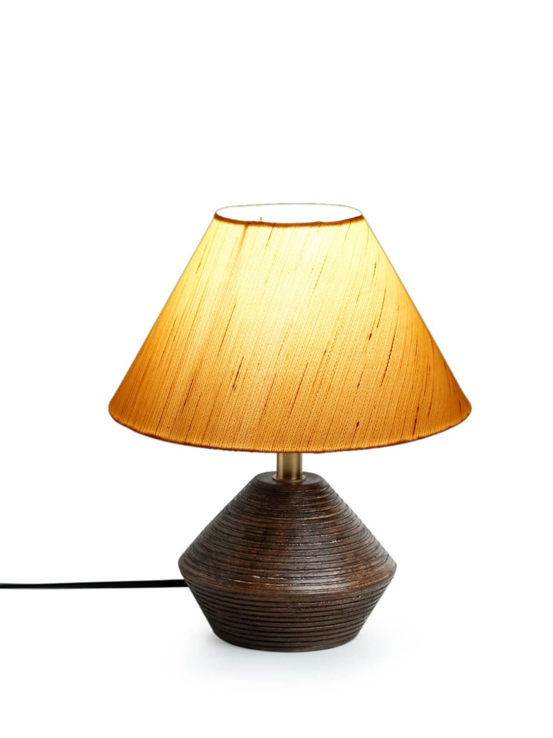 Off White Cotton Table lamp with Wood Natural Base (10x12 inches)
