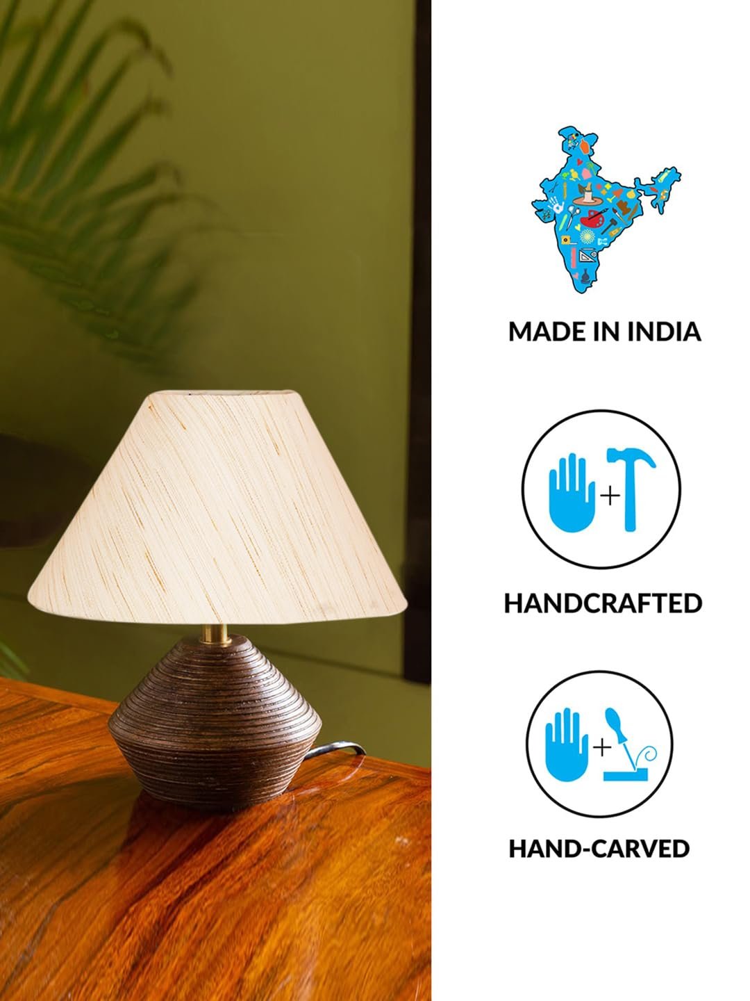 Off White Cotton Table lamp with Wood Natural Base (10x12 inches)