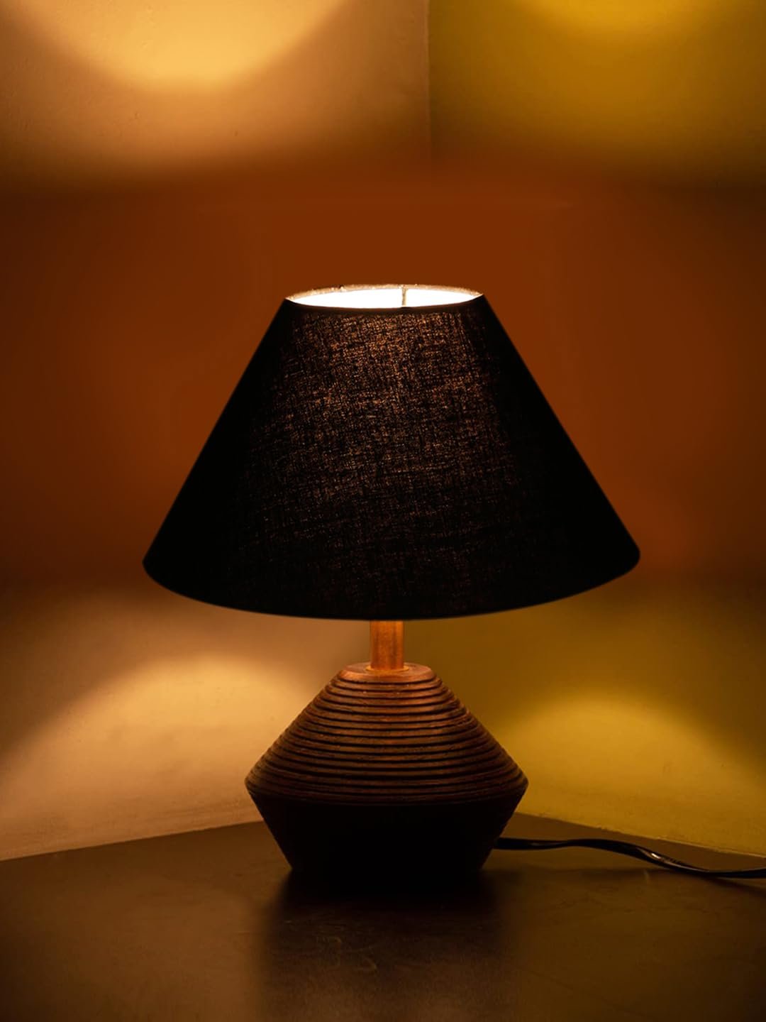 Black Cotton Table lamp with Wood Natural Base (10x12 inches)