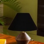 Black Cotton Table lamp with Wood Natural Base (10×12 inches)