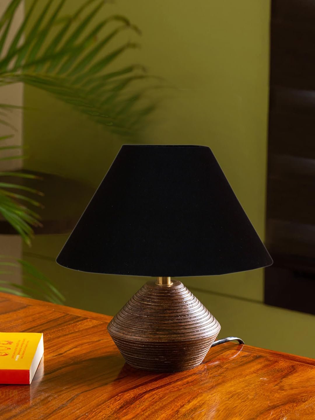 Black Cotton Table lamp with Wood Natural Base (10x12 inches)