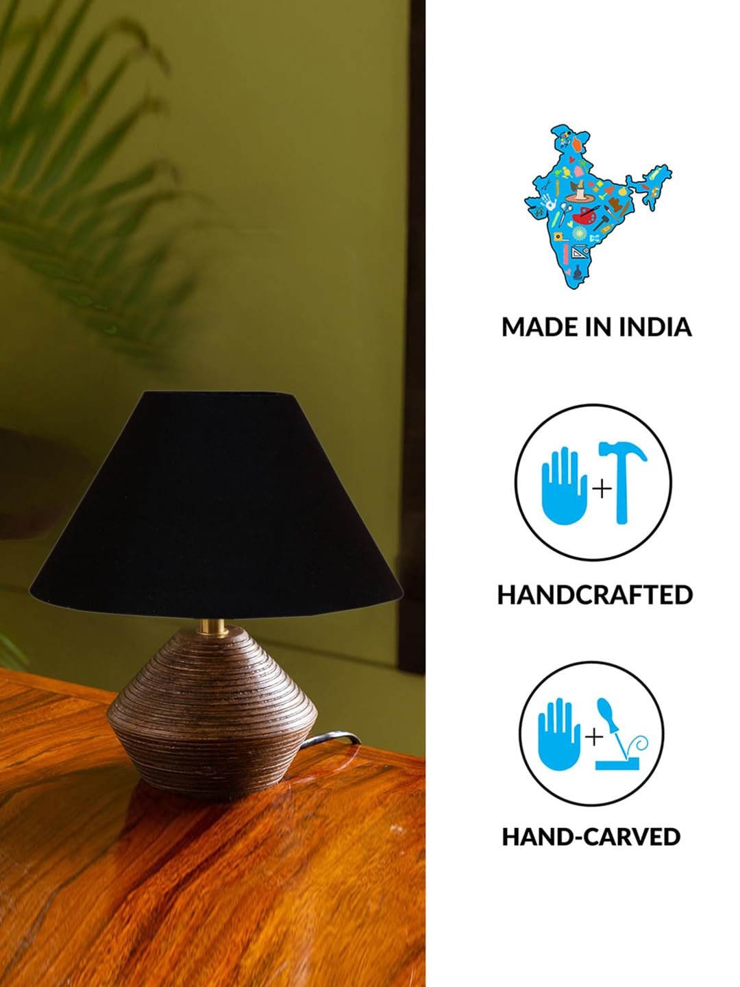 Black Cotton Table lamp with Wood Natural Base (10x12 inches)