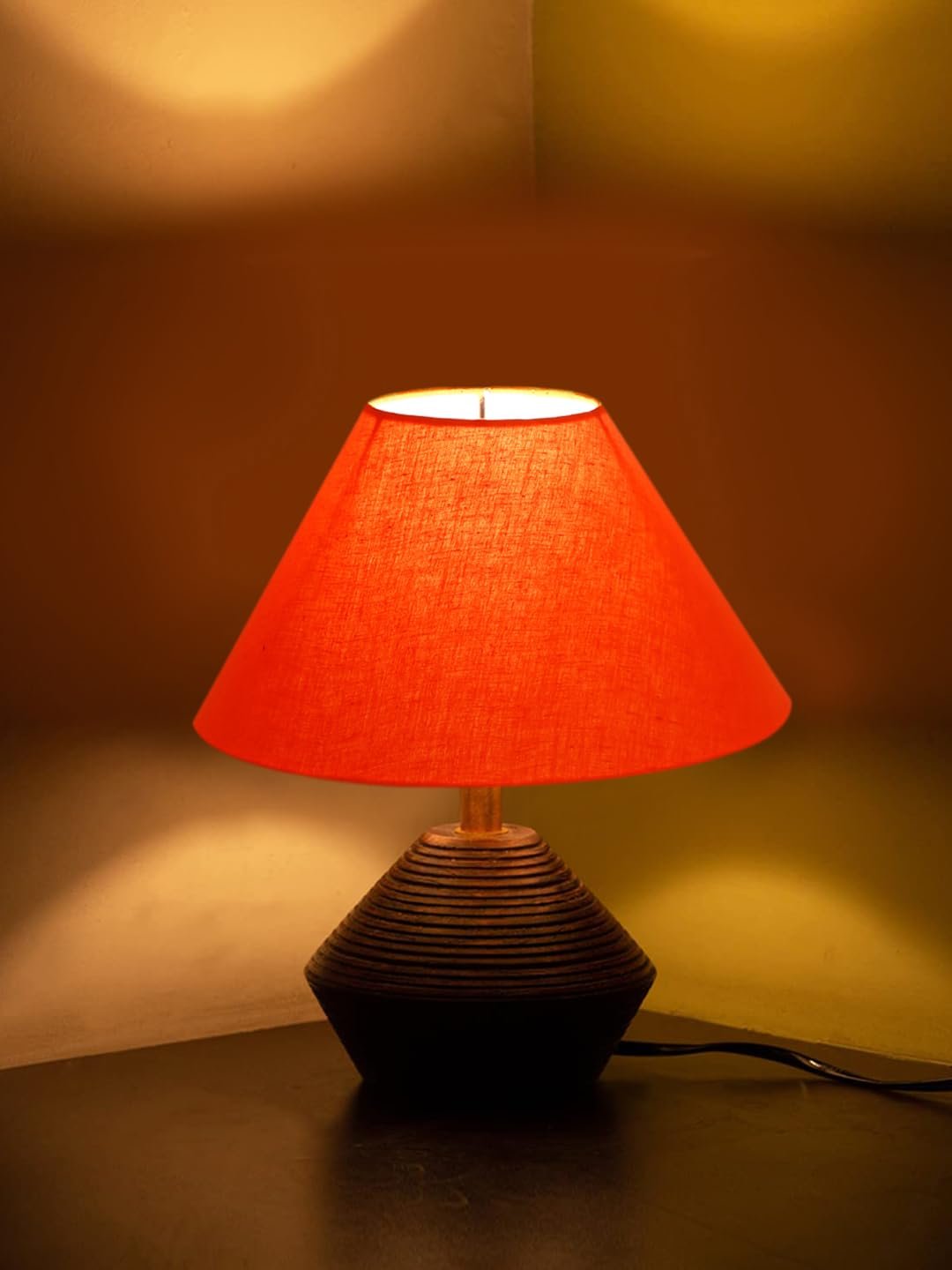 Orange Cotton Table lamp with Wood Natural Base -(10x12 inches)