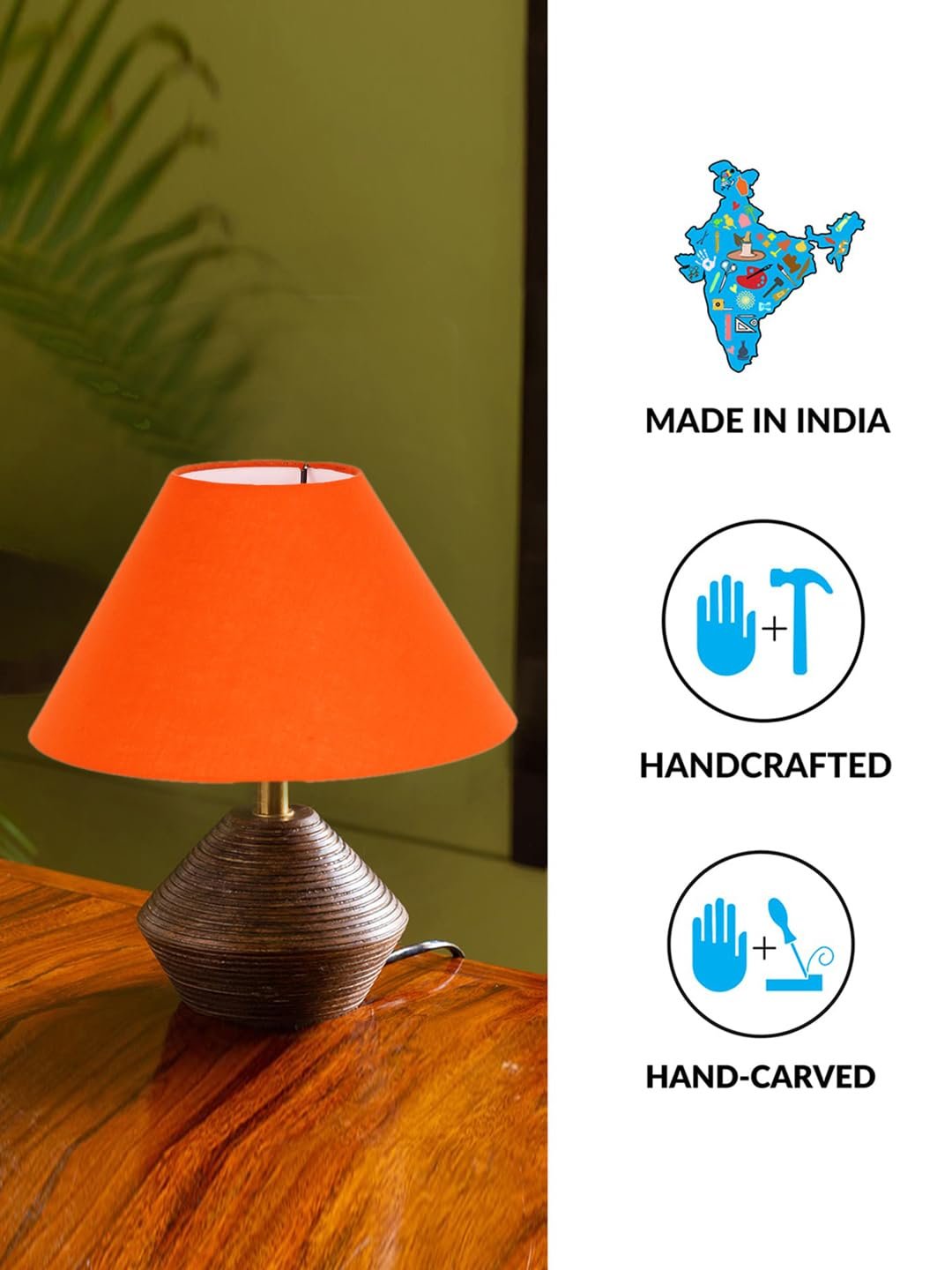 Orange Cotton Table lamp with Wood Natural Base -(10x12 inches)