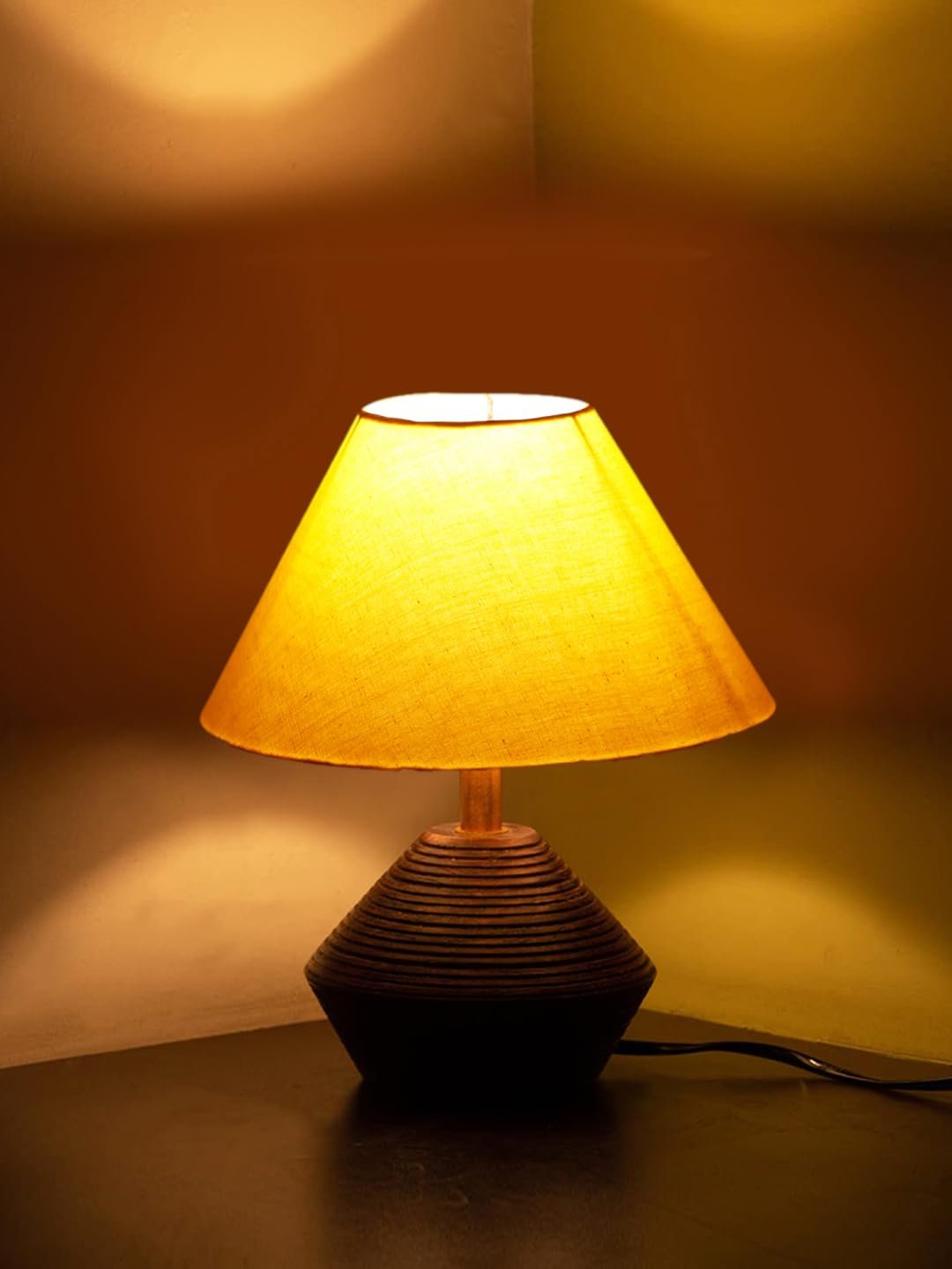 Yellow Cotton Table lamp with Wood Natural Base (10x12 inches)