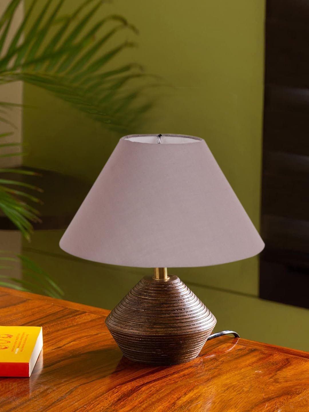 Grey Cotton Table lamp with Wood Natural Base (10x12 inches)