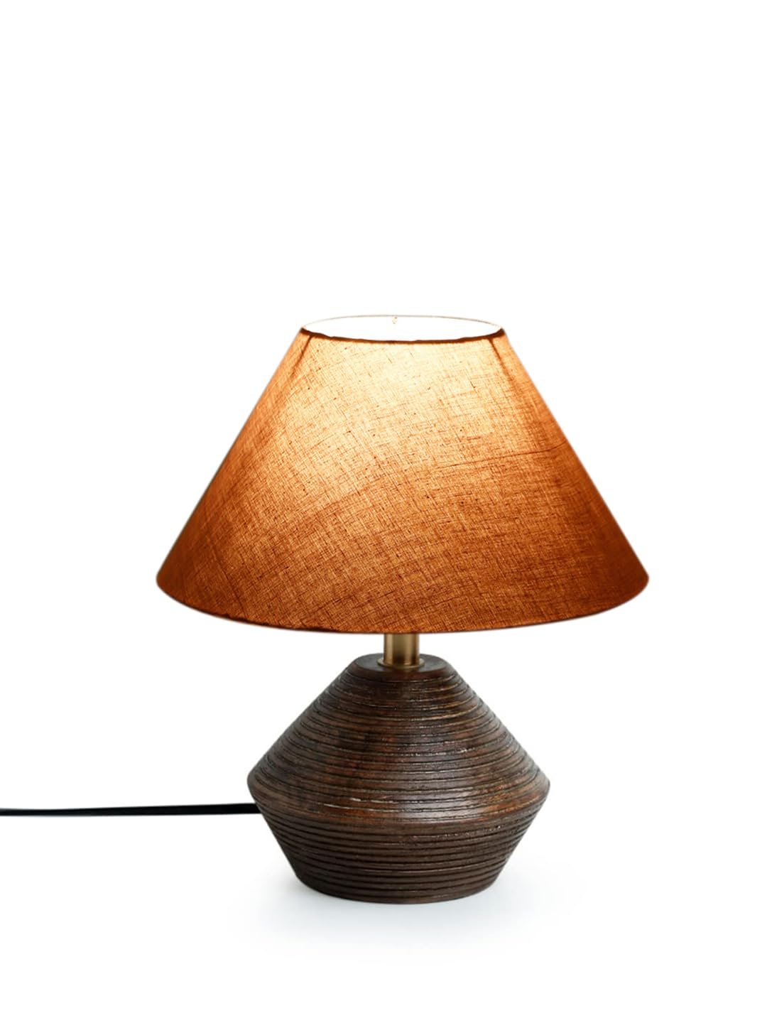 Grey Cotton Table lamp with Wood Natural Base (10x12 inches)