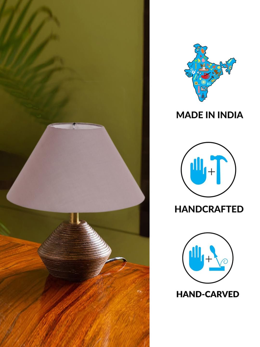 Grey Cotton Table lamp with Wood Natural Base (10x12 inches)