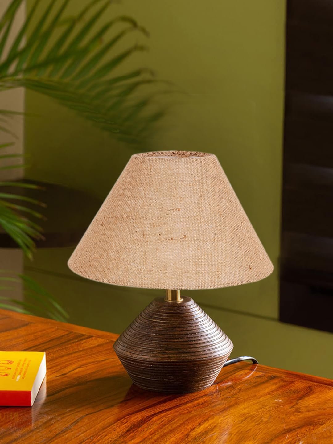 Beige Jute Table lamp with Wood Natural Base(10x12 inches)