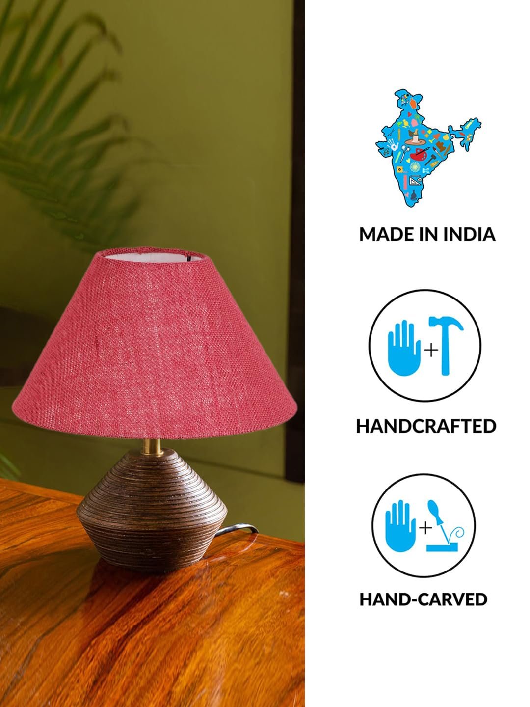 Pink Jute Table lamp with Wood Natural Base (10x12 inches)