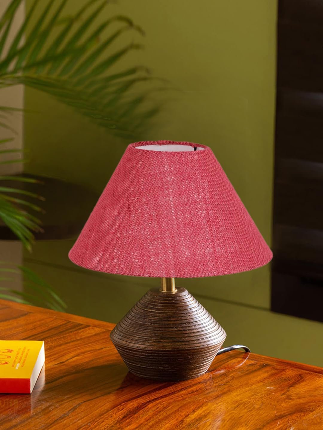 Pink Jute Table lamp with Wood Natural Base (10x12 inches)