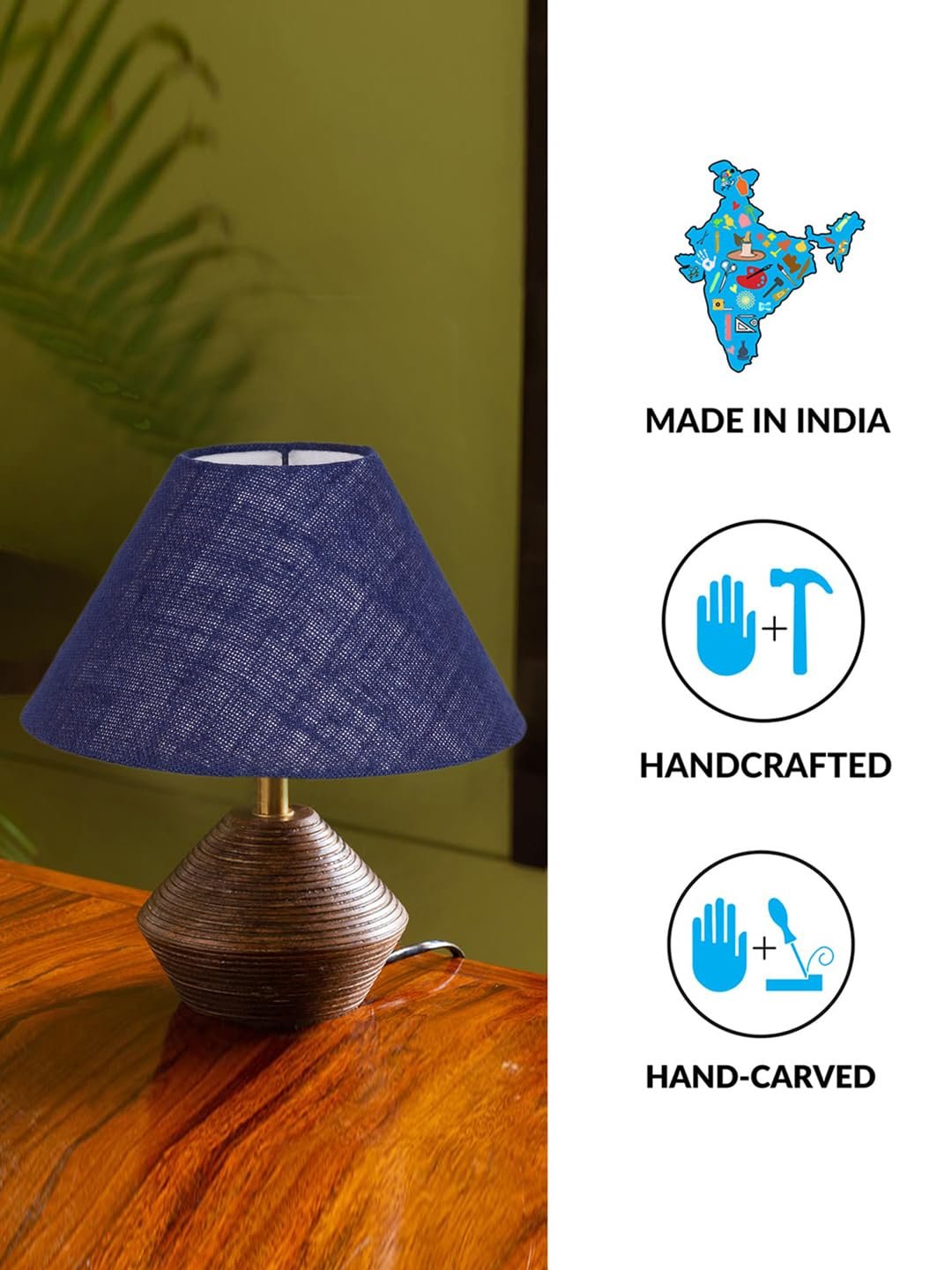 Blue Jute Table lamp with Wood Natural Base (10x12 inches)