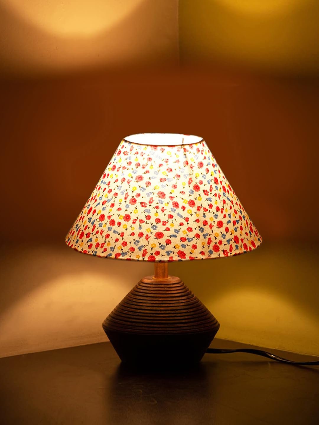 Multicolor Cotton Table lamp with Wood Natural Base (10x12 inches)-40