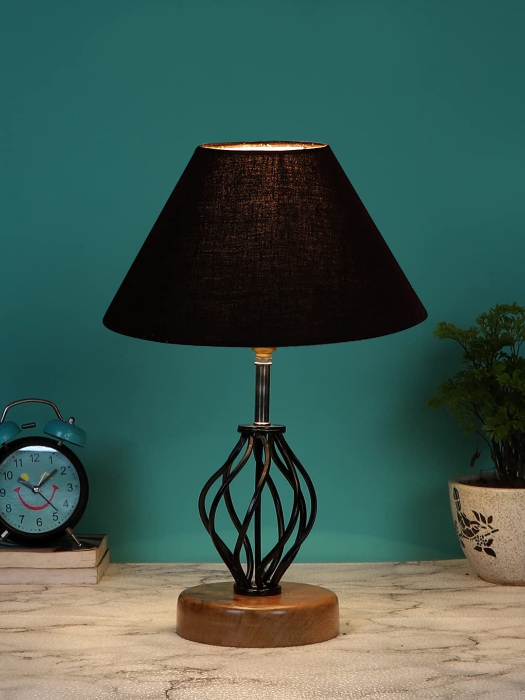 Black Cotton Table lamp with Wood & Iron Base(02)