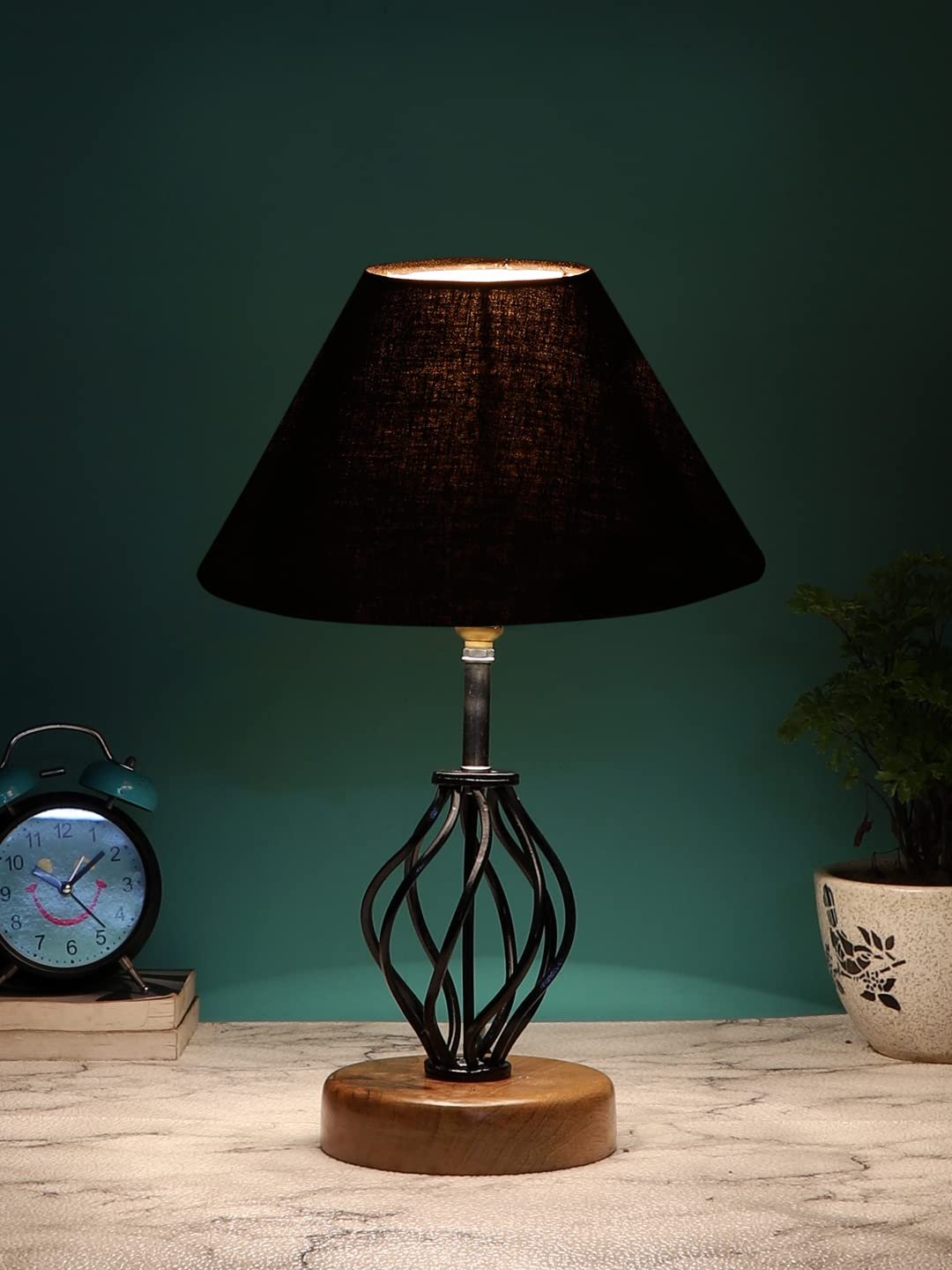 Black Cotton Table lamp with Wood & Iron Base(02)