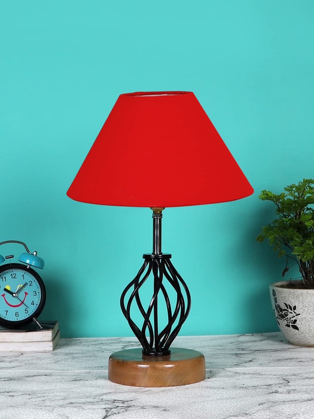 Red Cotton Table lamp with Wood & Iron Base(03)