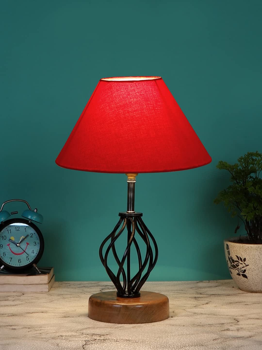 Red Cotton Table lamp with Wood & Iron Base(03)