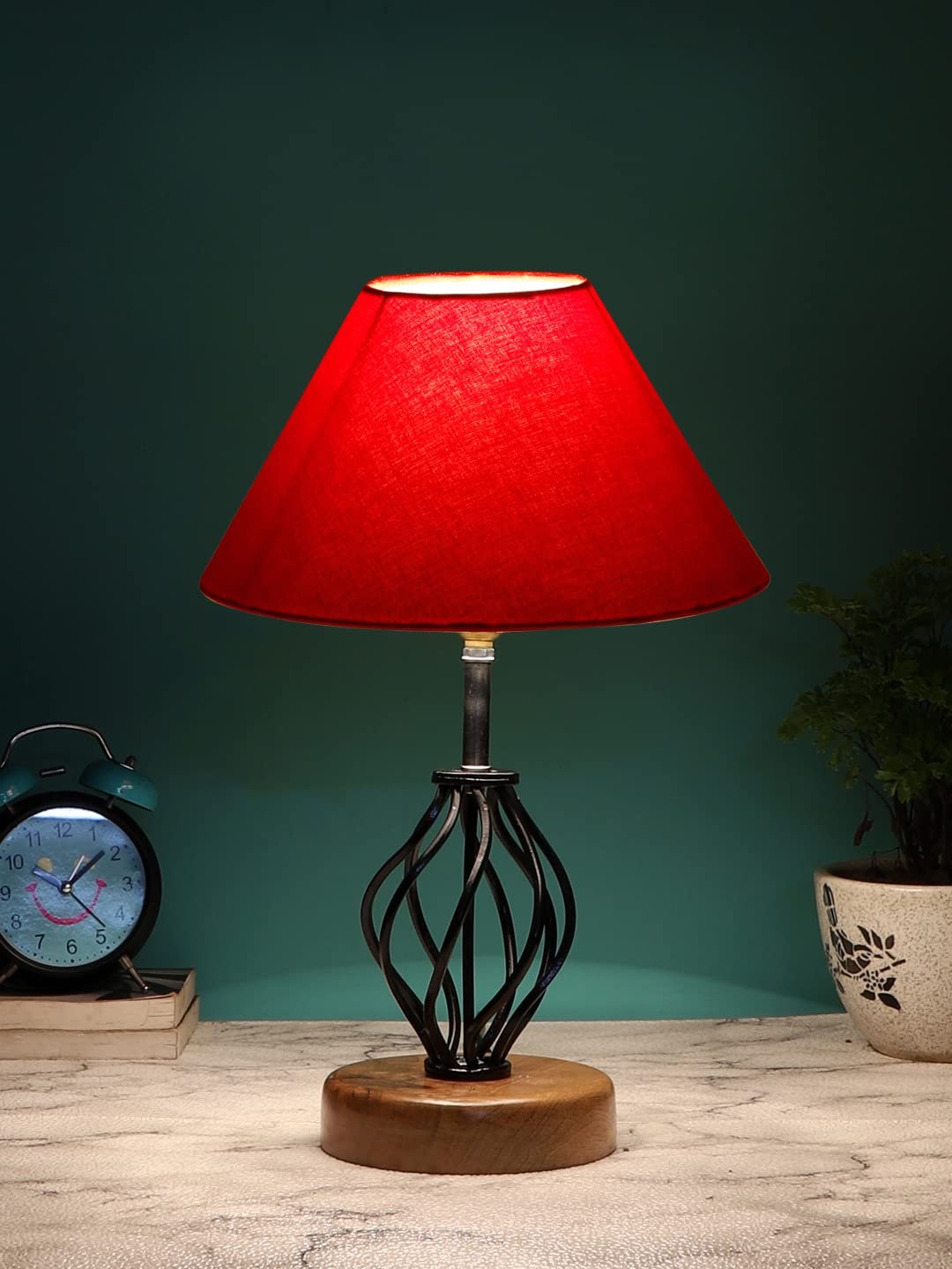 Red Cotton Table lamp with Wood & Iron Base(03)