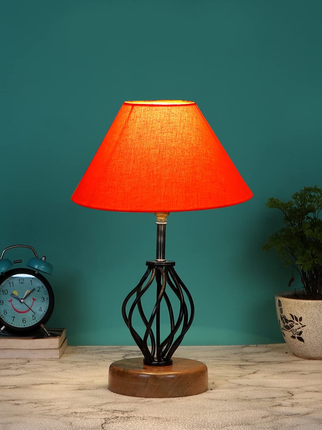 Orange Cotton Table lamp with Wood & Iron Base(04)