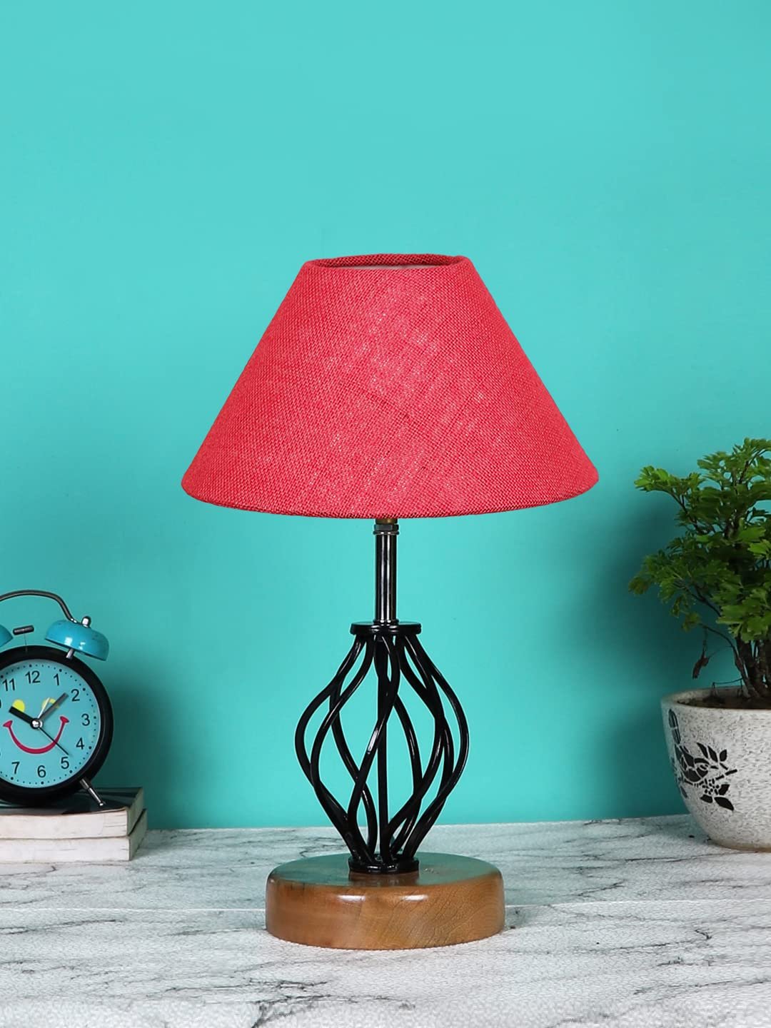 Pink Jute Table lamp with Wood & Iron Base(09)
