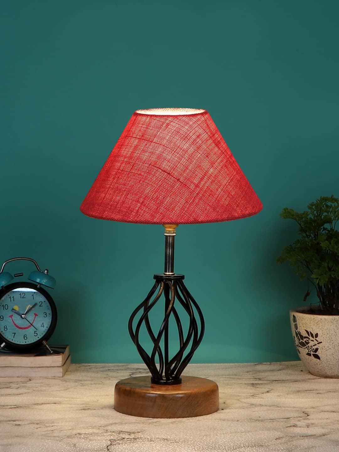 Pink Jute Table lamp with Wood & Iron Base(09)