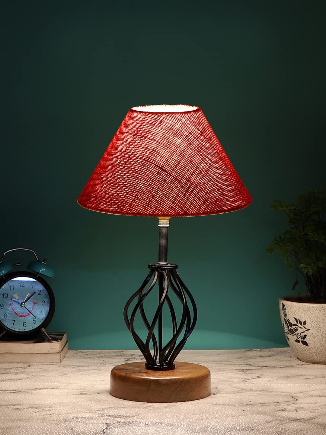 Pink Jute Table lamp with Wood & Iron Base(09)