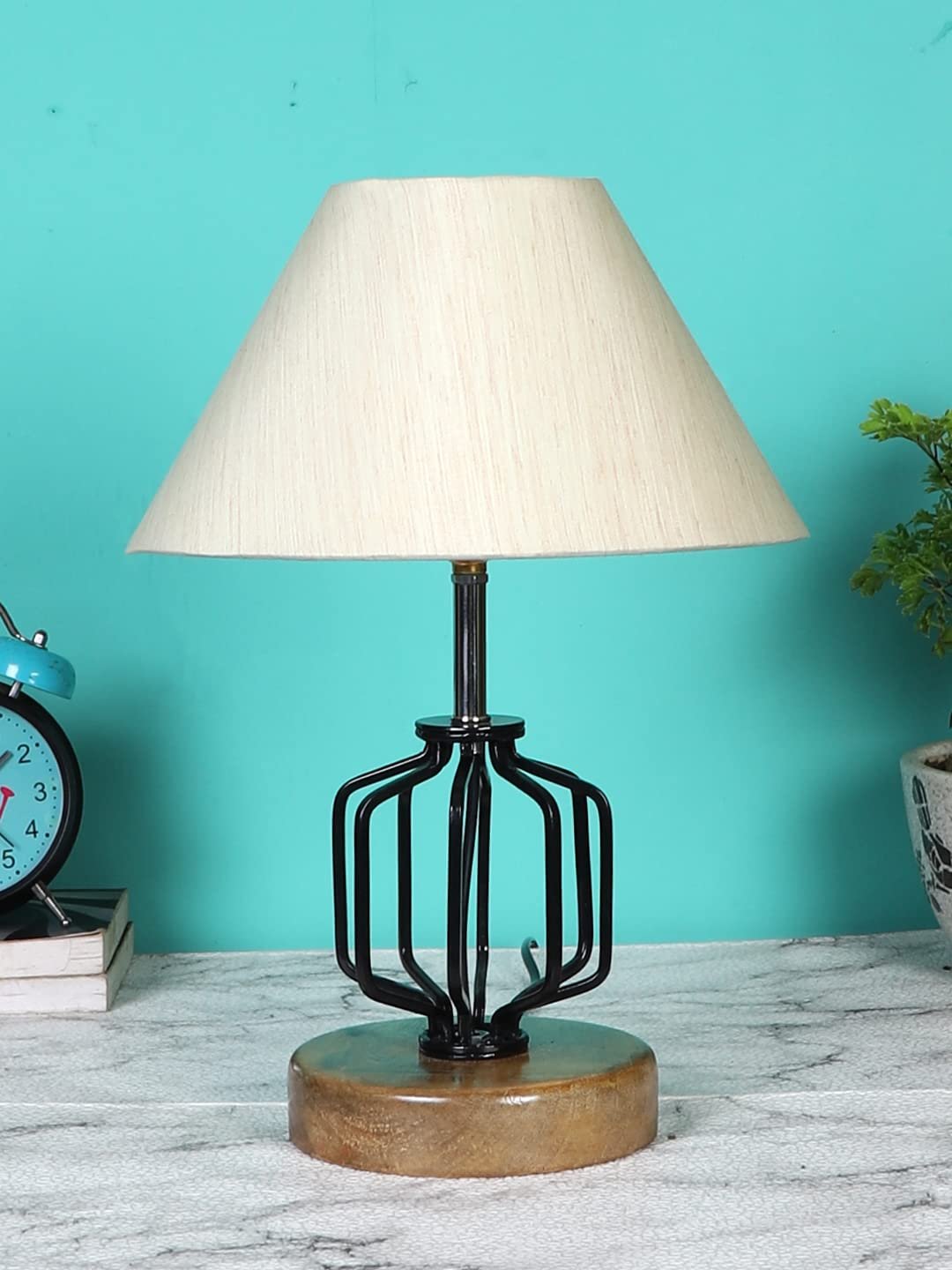 Off-White Cotton Table lamp with Wood & Iron Base(103)