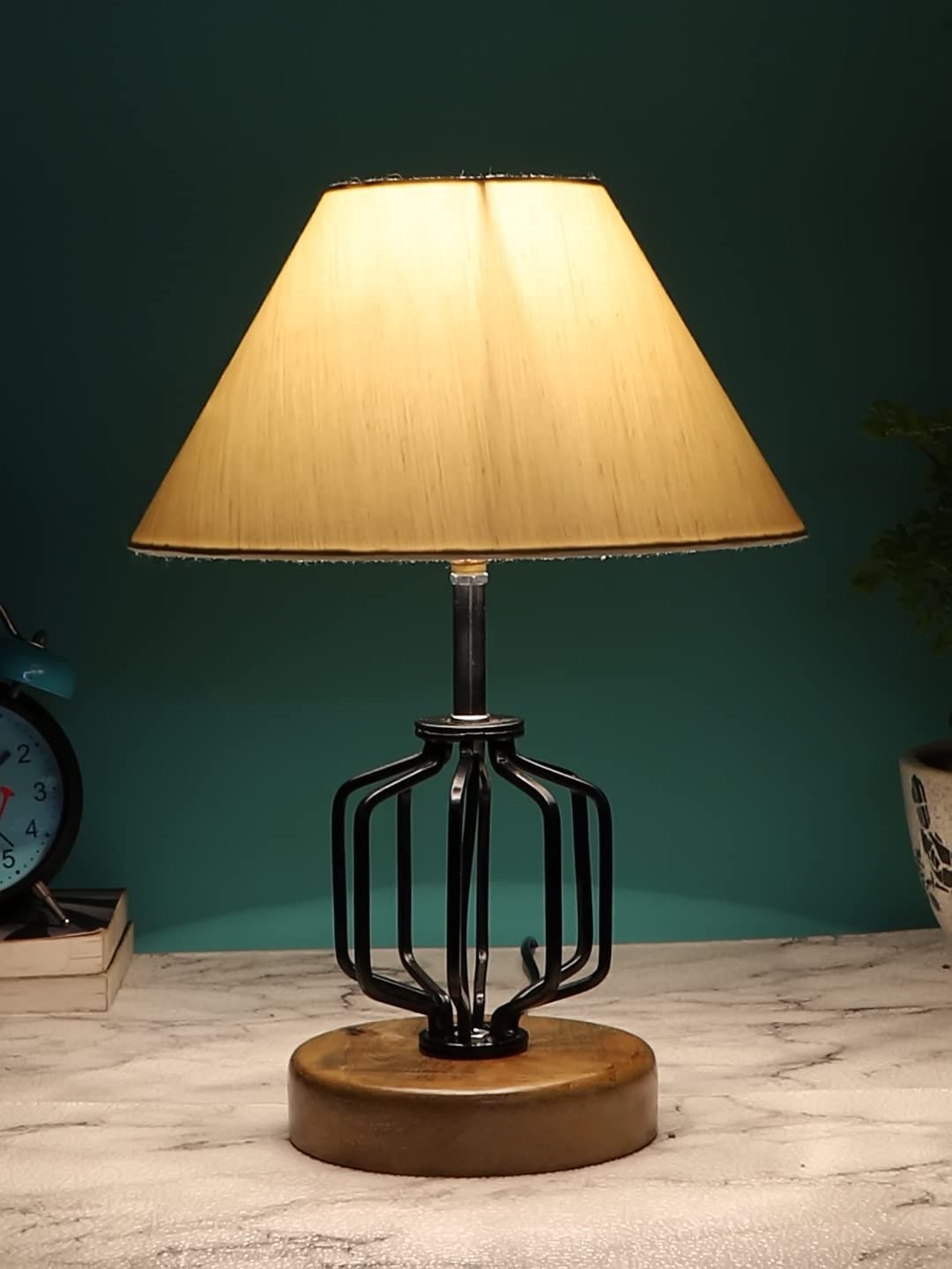 Off-White Cotton Table lamp with Wood & Iron Base(103)