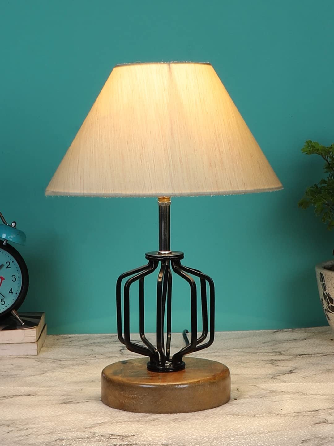 Off-White Cotton Table lamp with Wood & Iron Base(103)