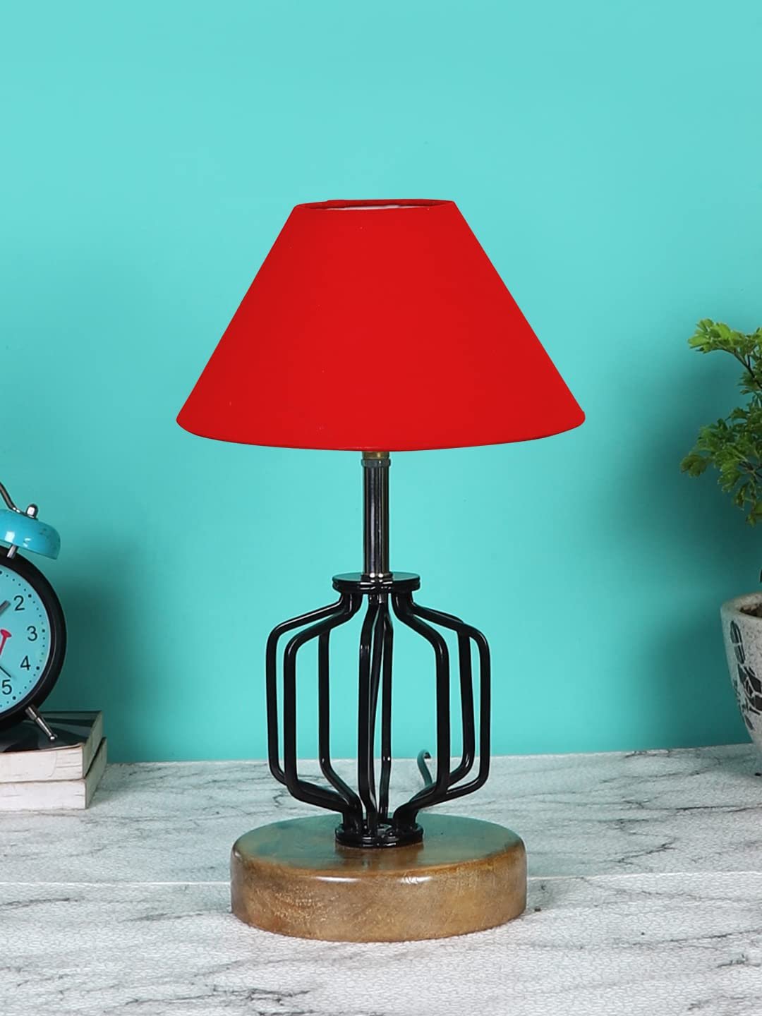 Red Cotton Table lamp with Wood & Iron Base(1)