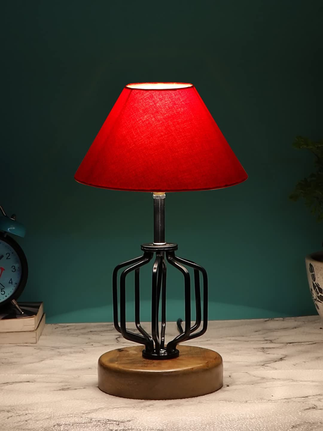 Red Cotton Table lamp with Wood & Iron Base(1)