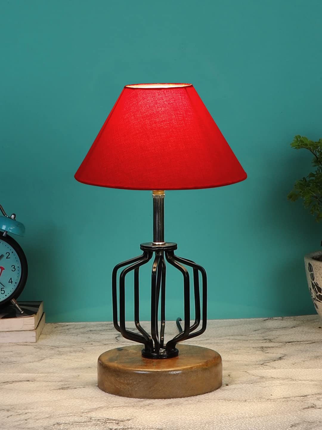 Red Cotton Table lamp with Wood & Iron Base(1)
