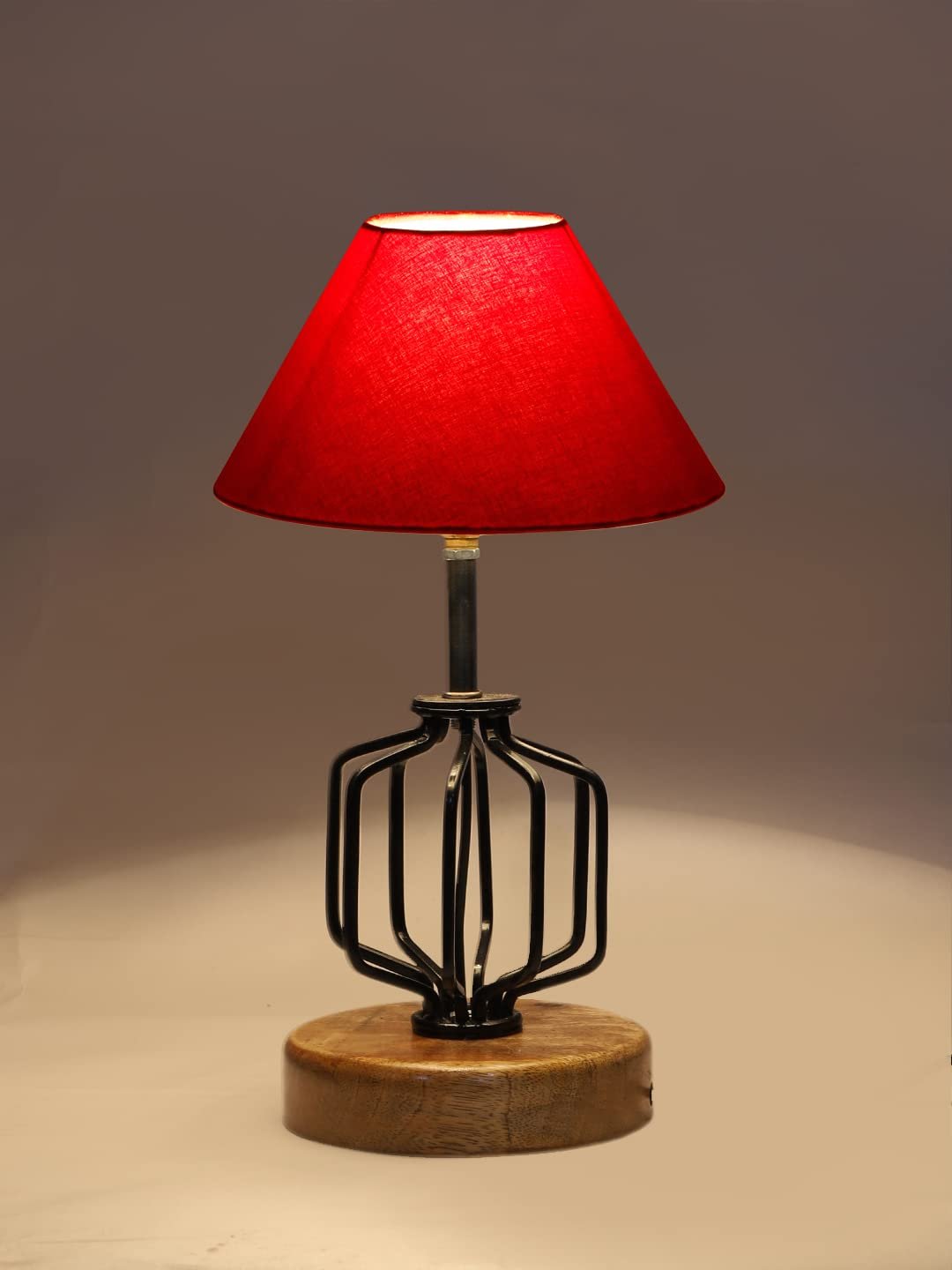 Red Cotton Table lamp with Wood & Iron Base(1)