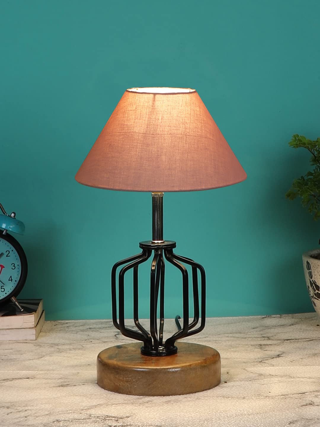 Grey Cotton Table lamp with Wood & Iron Base(108)