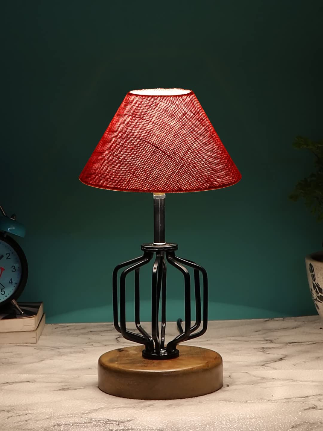 Pink Jute Table lamp with Wood & Iron Base(111)