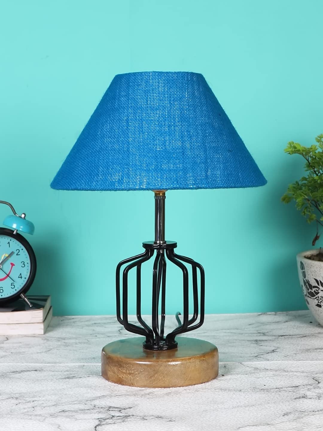 Turquoise Jute Table lamp with Wood & Iron Base(114)
