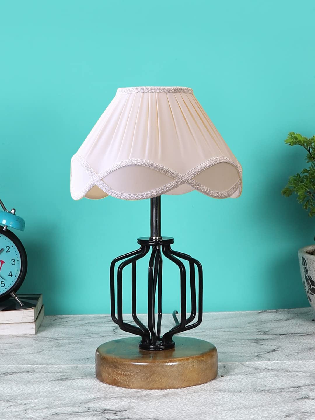 Vintage Off-White Shade Table lamp with Wood & Iron Base (118)